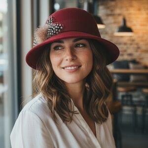 Vintage Red Wool Cloche Hat Pheasant Feathers 1920s style Design Winter Luxe